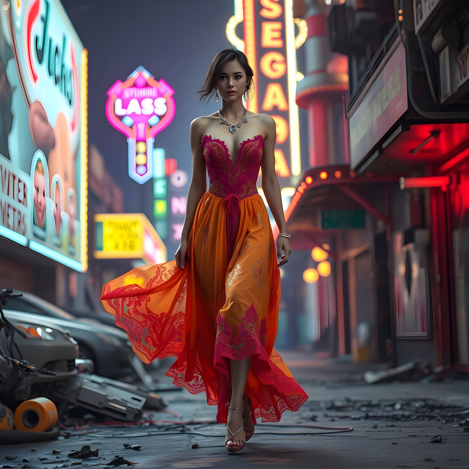 Elegant Woman Amidst Las Vegas Slums in Vibrant Fantasy Styl...