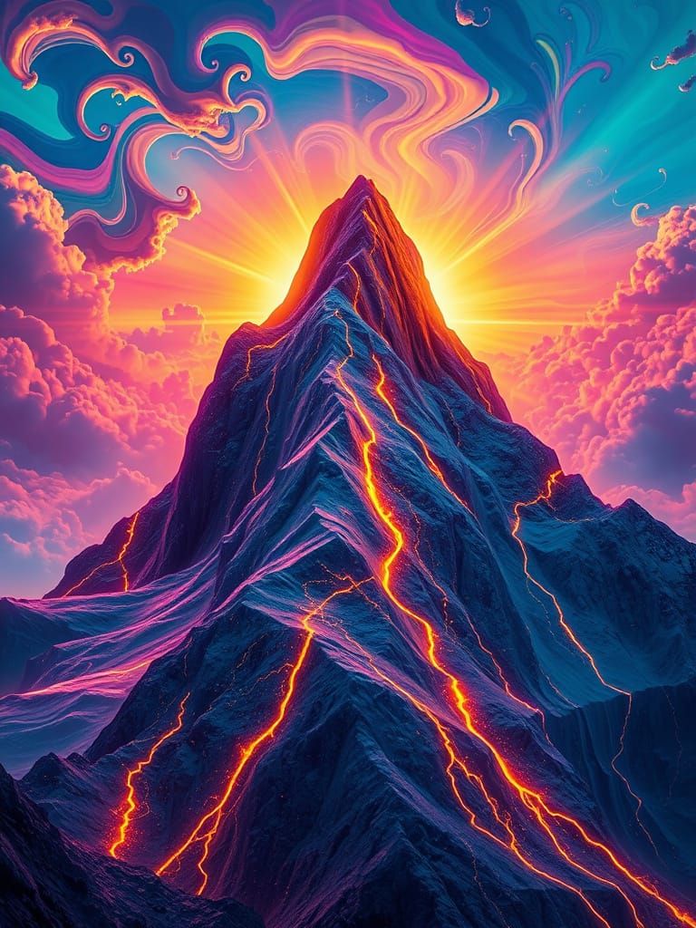 Ethereal Mountain in Vibrant, Hyper-Surreal Landscape