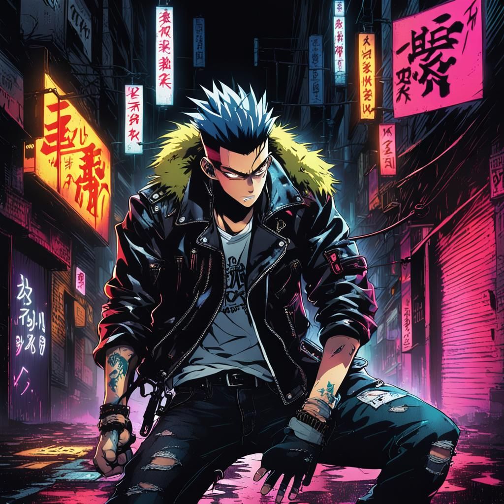 Punk Man's Cyberpunk Anime Battle with Inner Demons