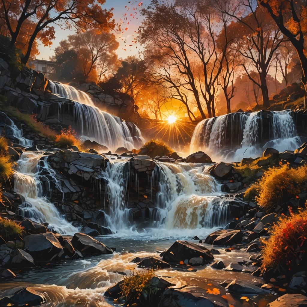 Epic Waterfall Sunset in Double Exposure Style