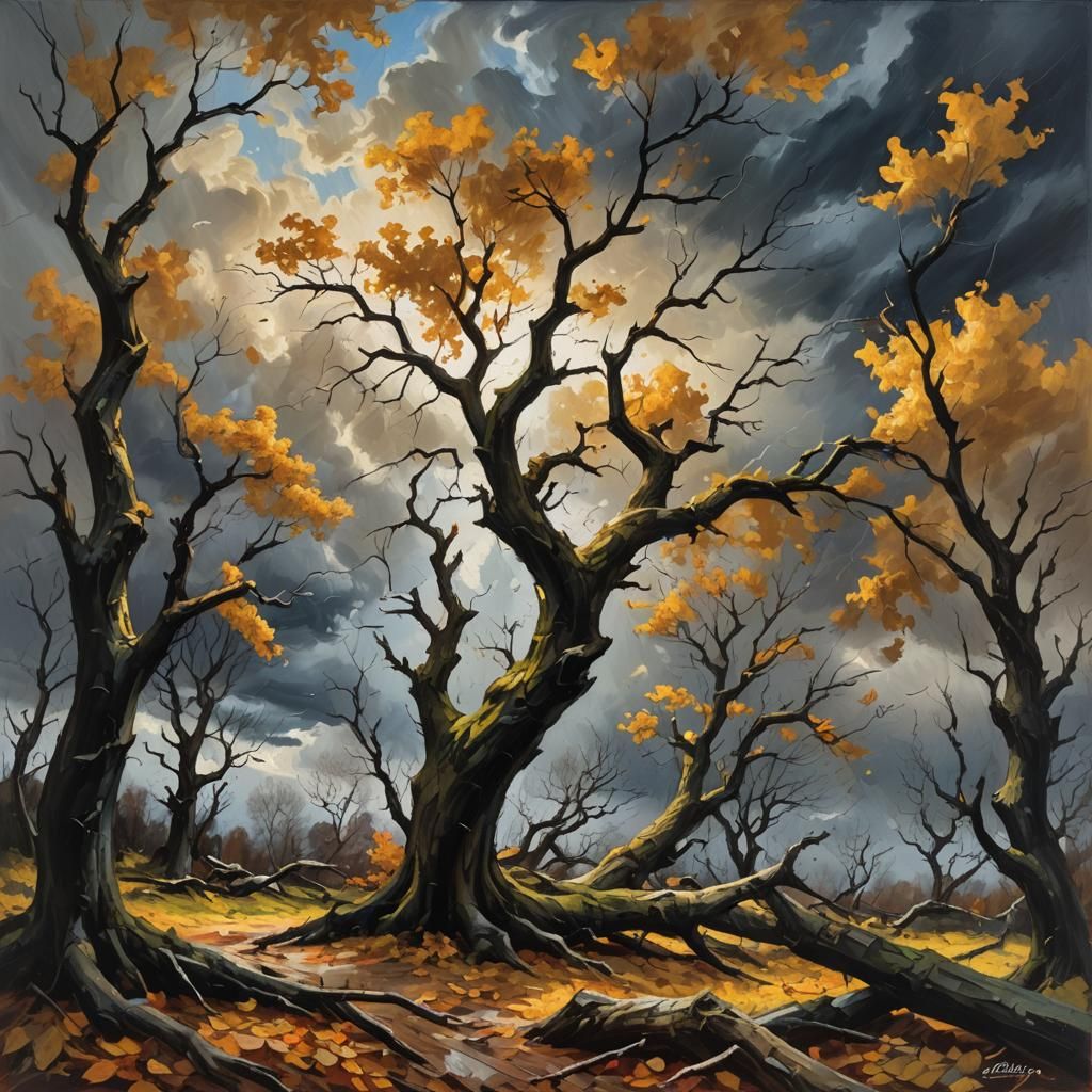 Trees Toppling in Wind, Impasto Oil Painting