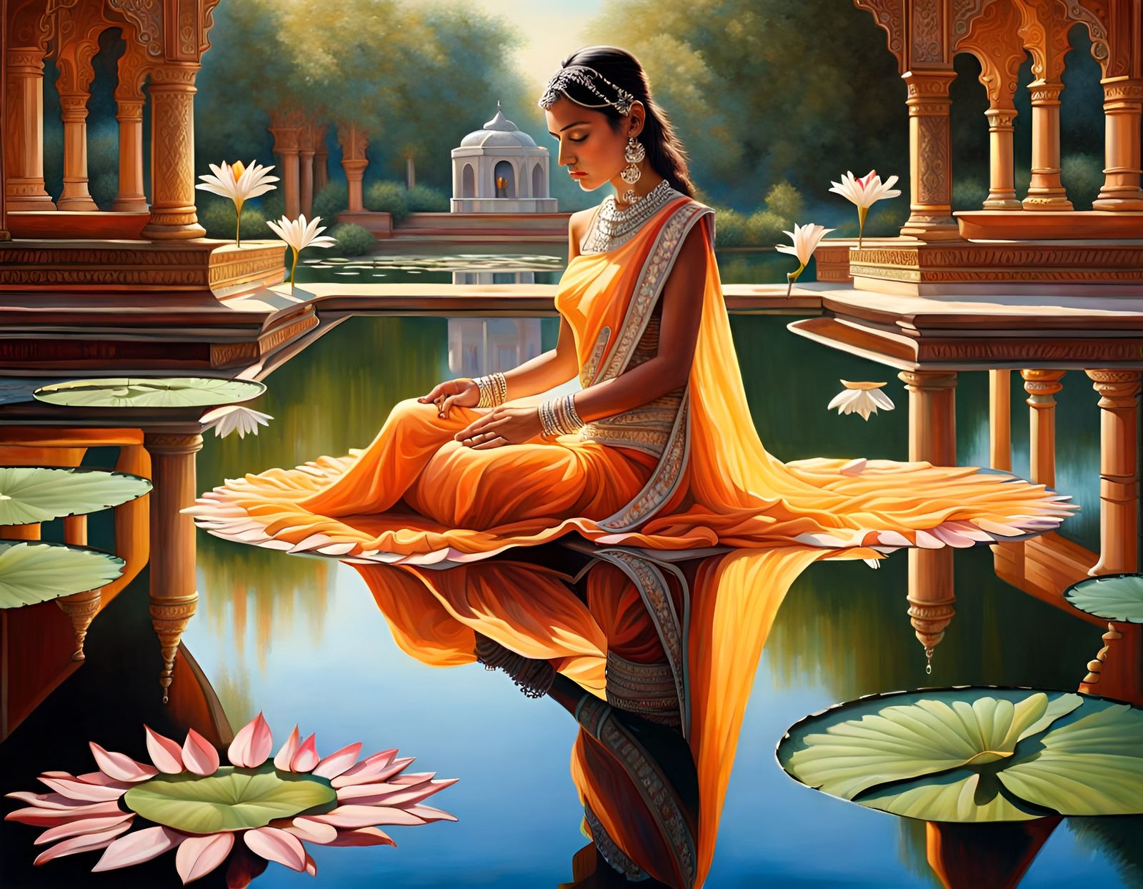Detailed Indian Princess Reflection in Lily Pond