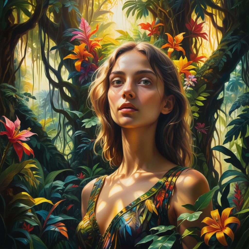 Surreal Jungle Goddess in Vibrant, Triadic Colors
