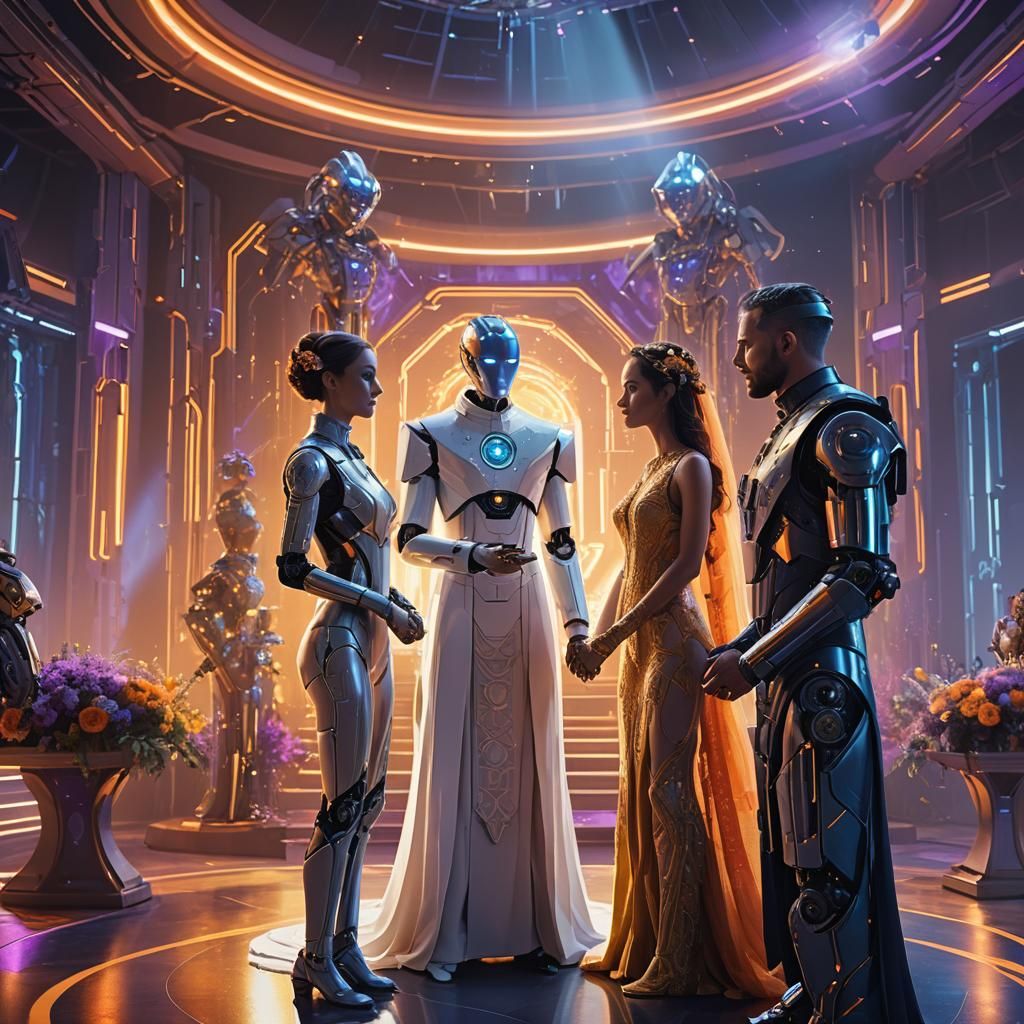 Futuristic Wedding with Robot Officiant: Science Fiction Art