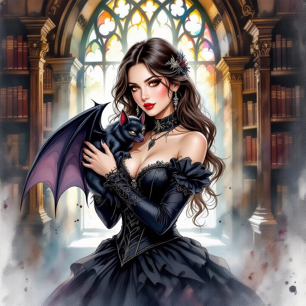 Woman Hugging Bat in Gothic Library, Watercolor Style