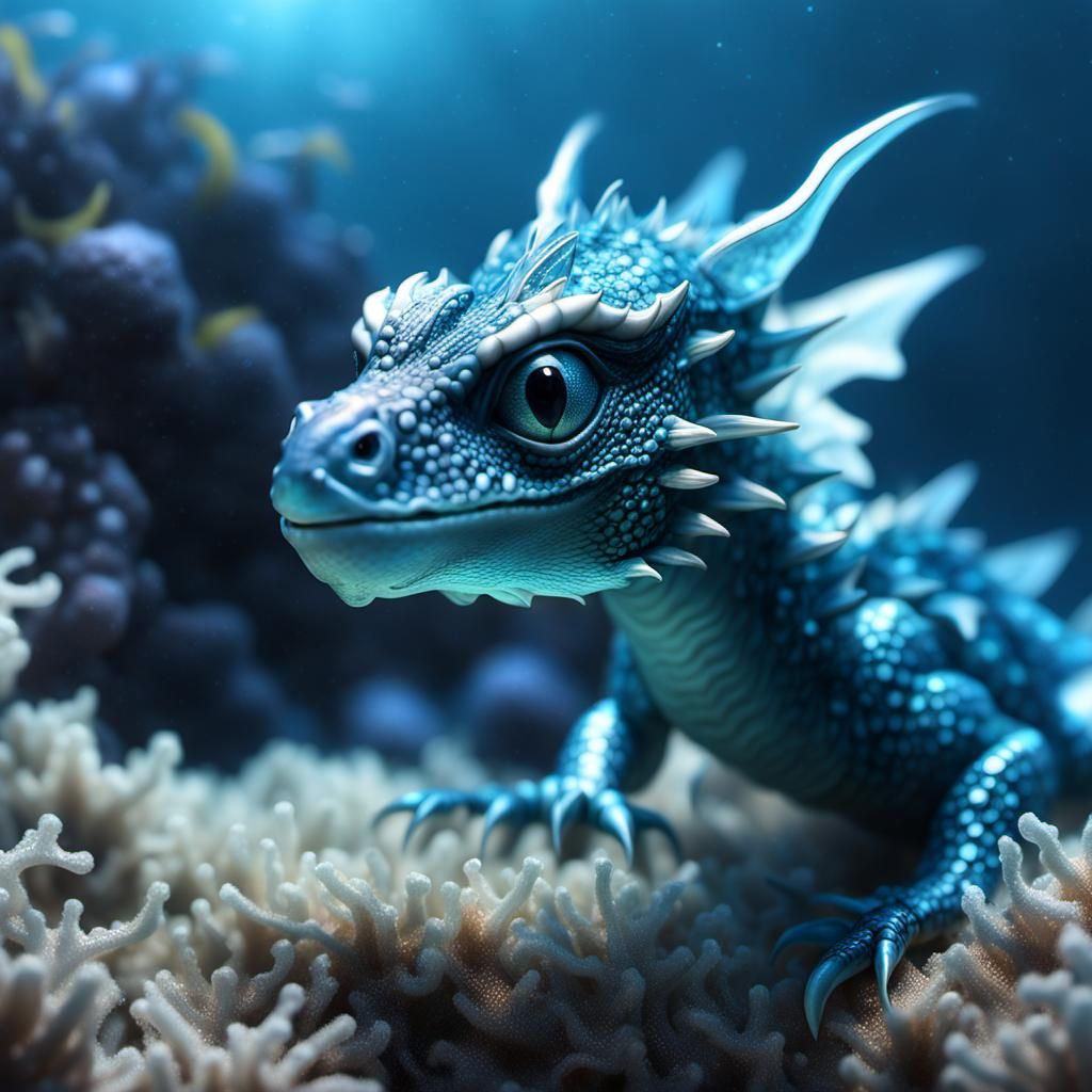 Cute Crystal Dragon Hatchling in Underwater Close-Up