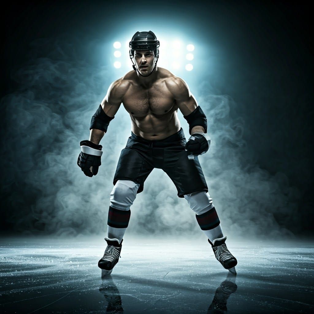Muscular Hockey Player Glides Aggressively on Foggy Ice
