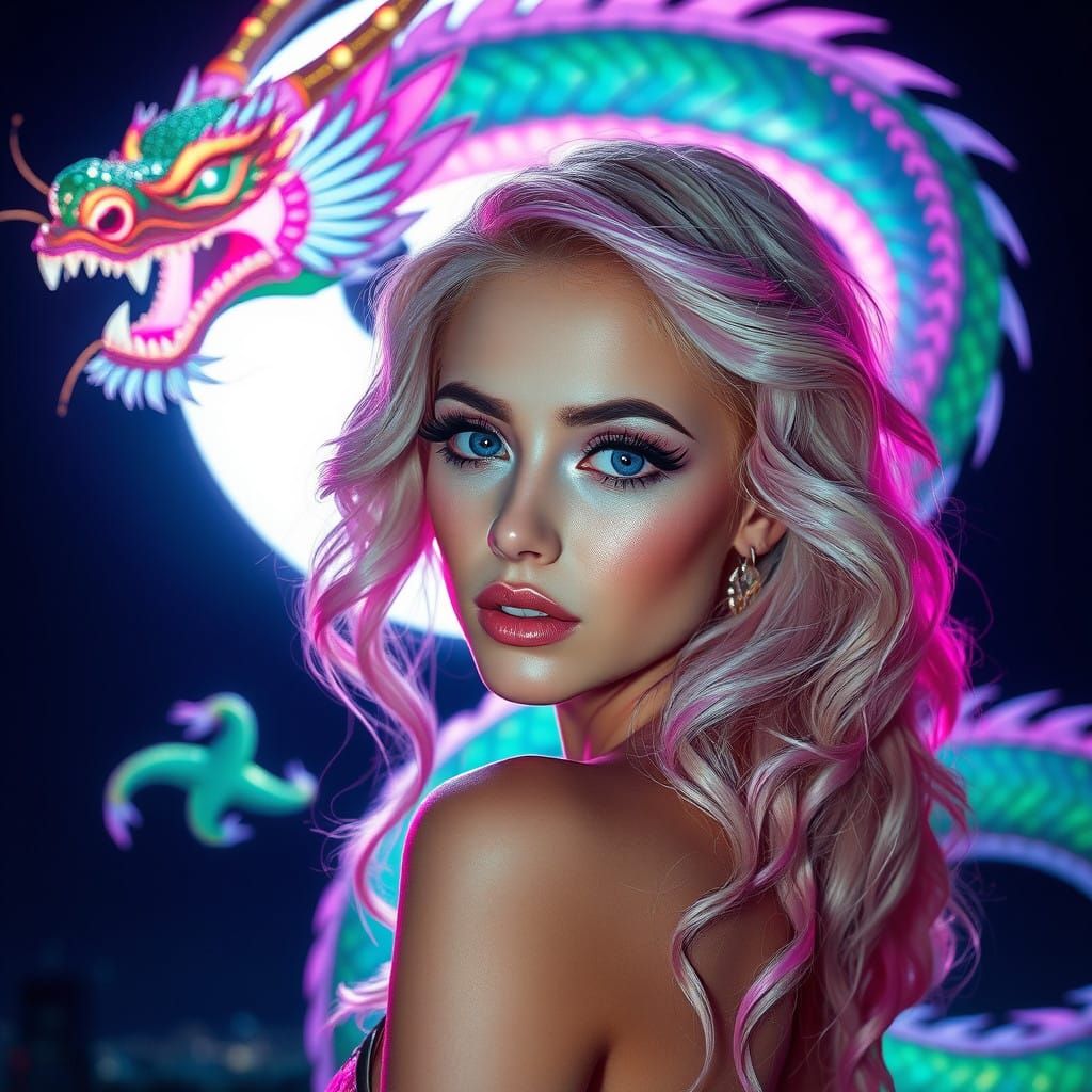 Cyberpunk Goddess with Chinese Dragon in Hyper-Realistic Nig...