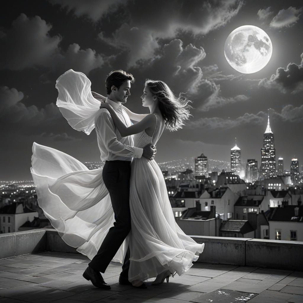 Romantic Moonlit Rooftop Dance in Impressionistic Style