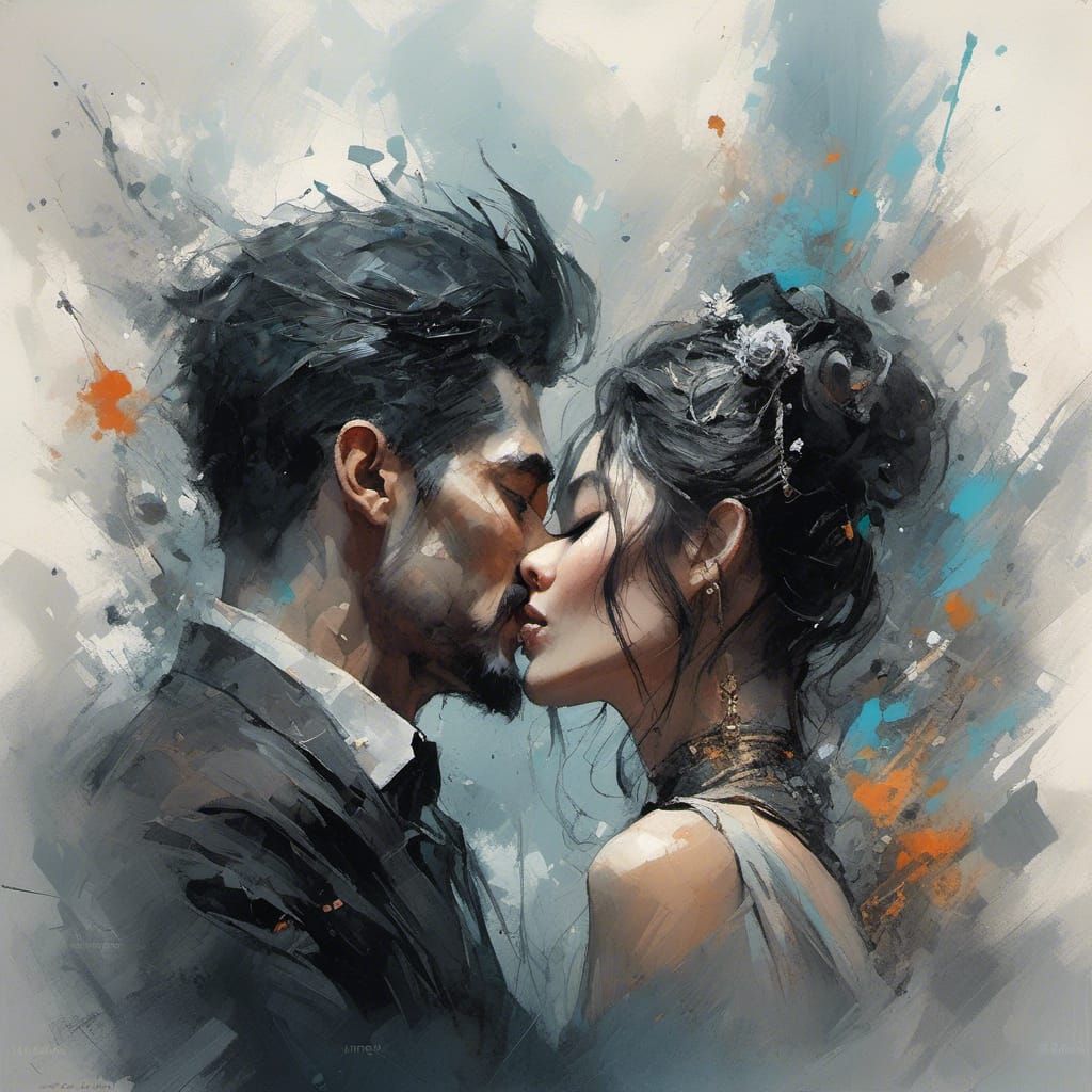 Romantic Kiss in Mixed Media Style