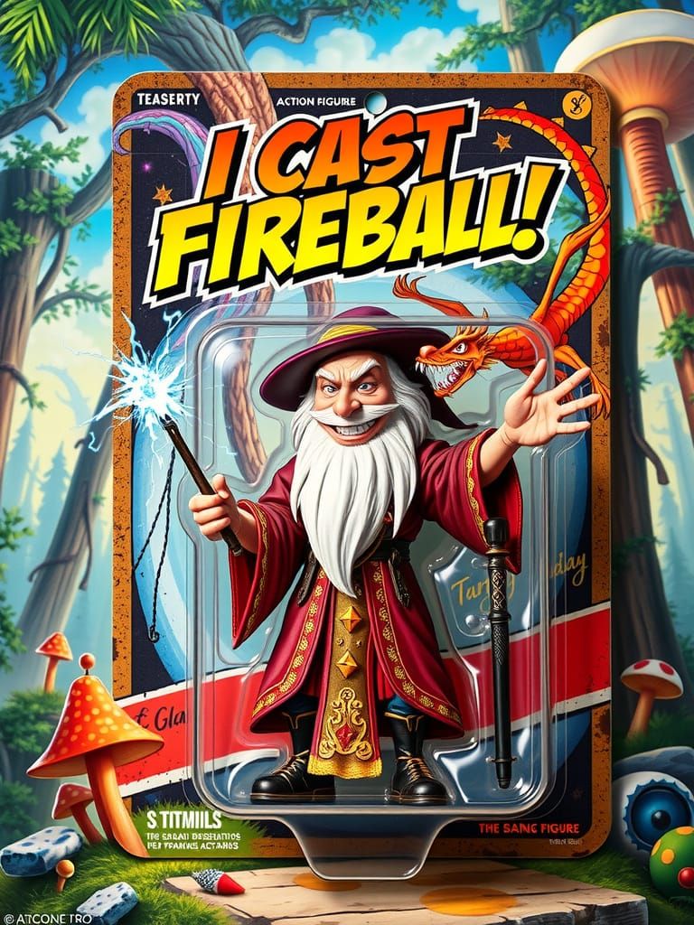 Vintage-Style Wizard Action Figure Box in Retro Comic Book I...