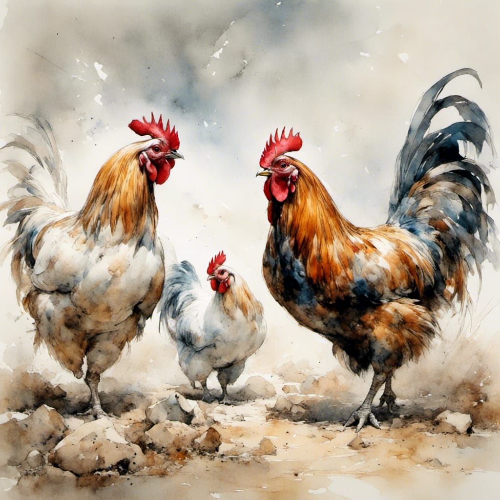 Chickens Eating on White Background