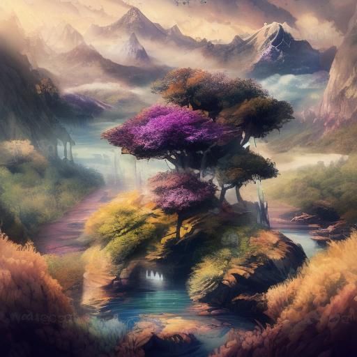 Water Elementals on Misty Mountain, Watercolor Fantasy