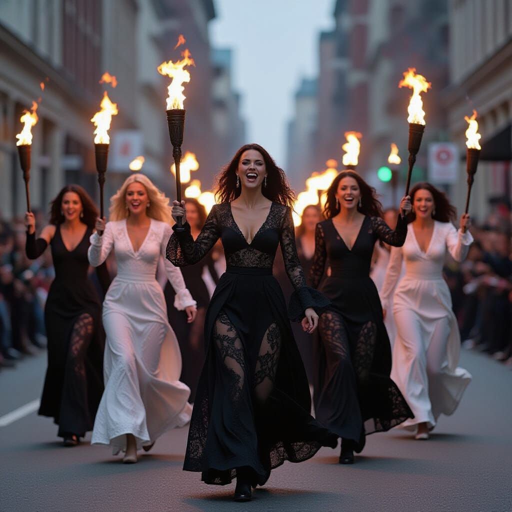 Women with Torches in Cyberpunk Renaissance City