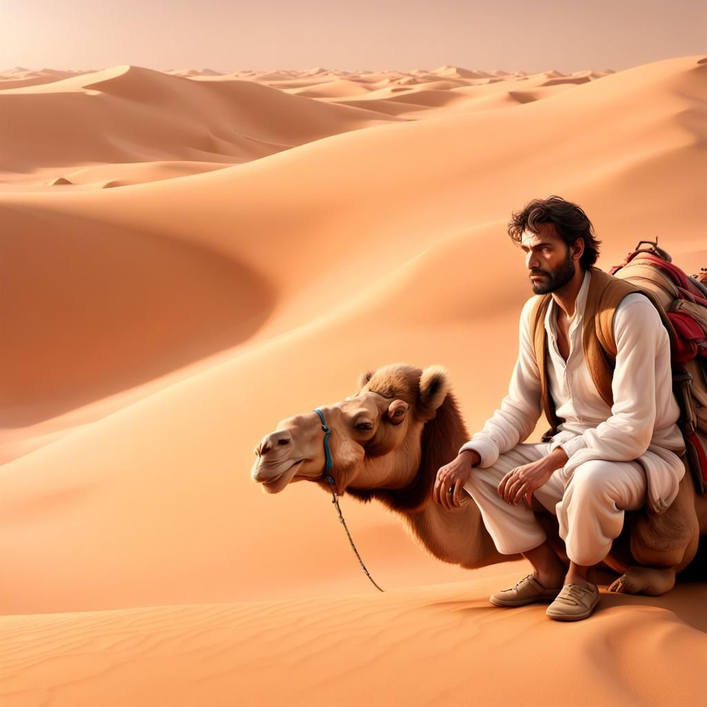 Lonely Man and Camel in Epic Desert Sandstorm