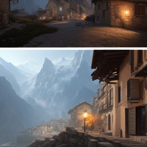 Pyrenees Mountain Town: Dark Fantasy Art Nouveau