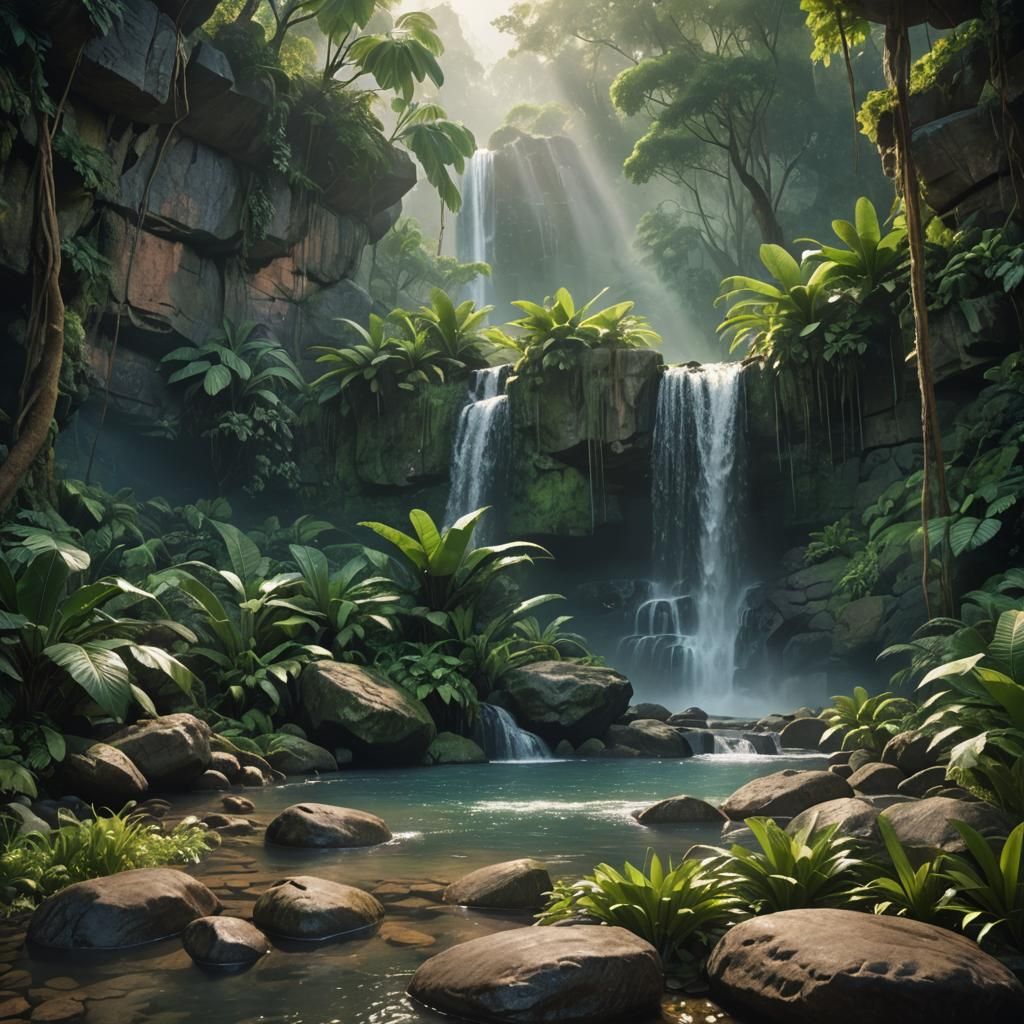 Serene Waterfall Cascades Down Ancient Rocks in Vibrant, Dee...