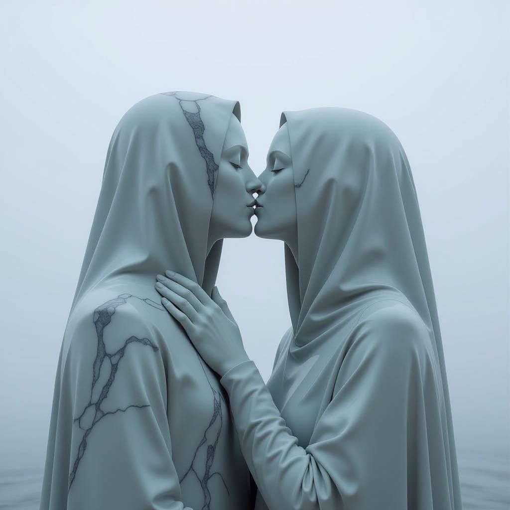 Shrouded Figures Share a Kiss in Eerie Marble Sculpture