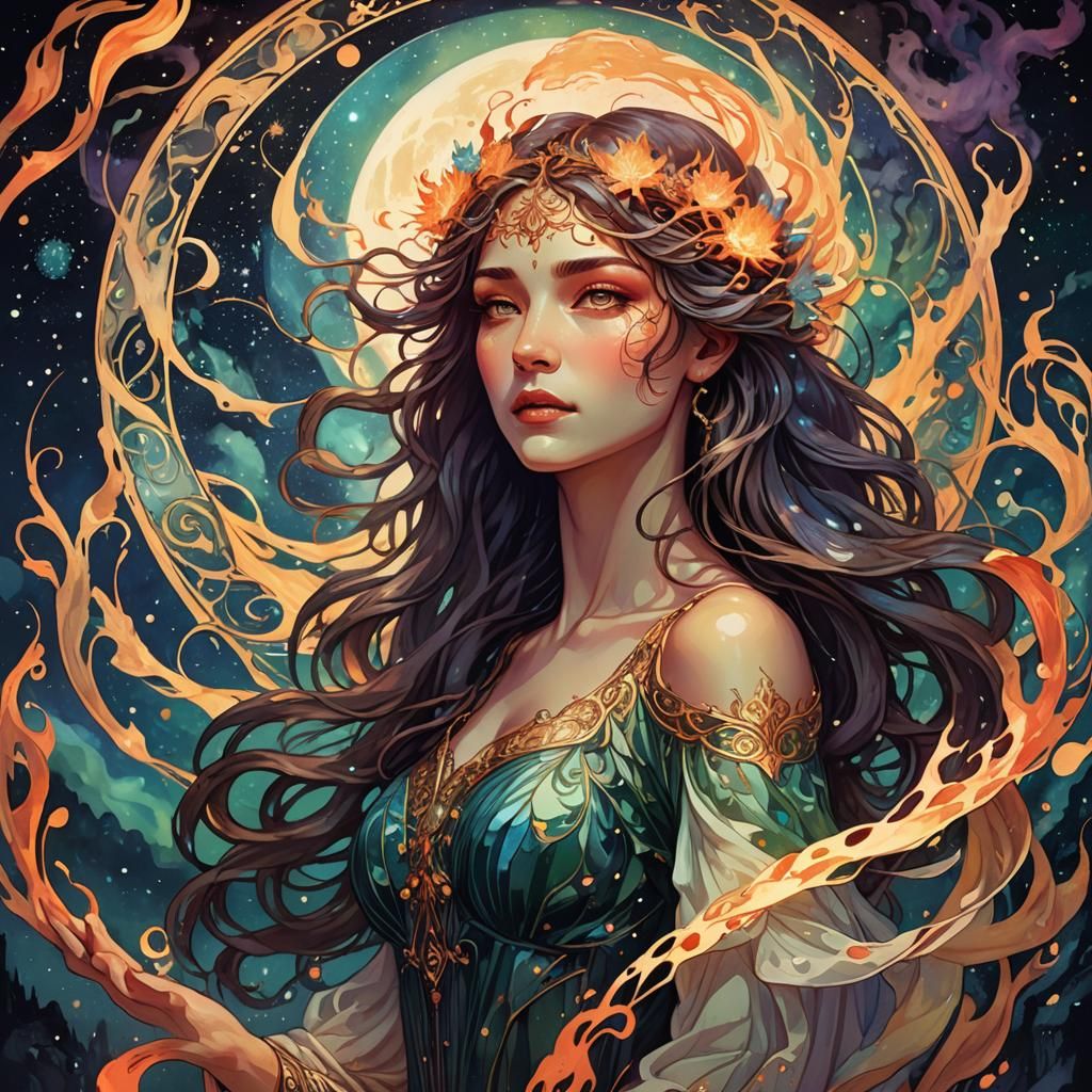 Ethereal Woman Emerges from Moon, Art Nouveau Style
