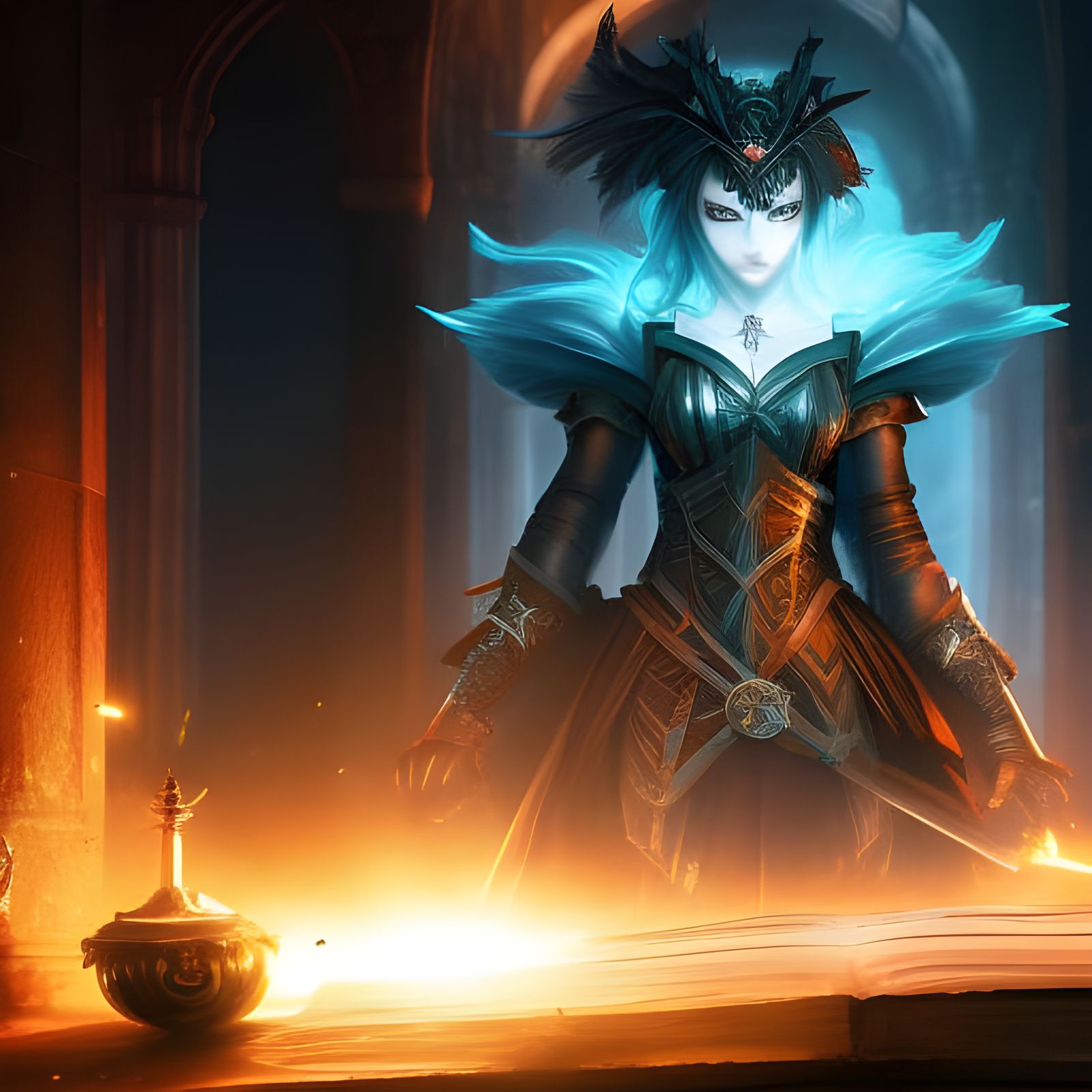 Dark Sorceress Brewing Potions in Dungeon Lab
