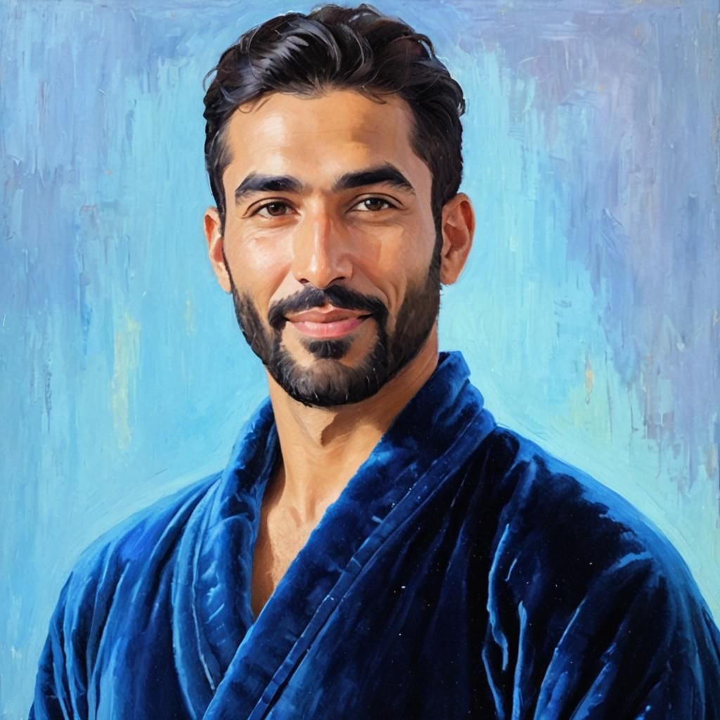 Serene Man in Blue Velvet Robe, Impressionist Oil Painting