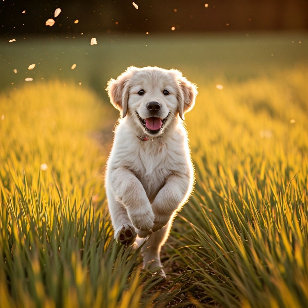 Golden Retriever Puppy in Wildflower Field at Sunset