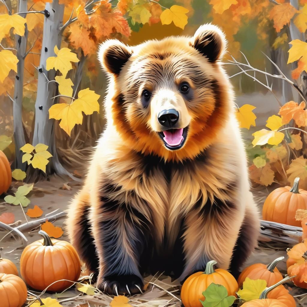 Cute Bear Cub in Autumn Pumpkin Patch