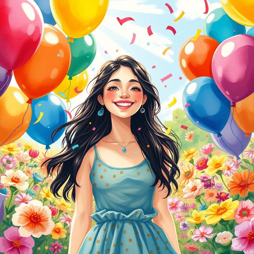 Whimsical Woman in a Sunlit Garden Illustration