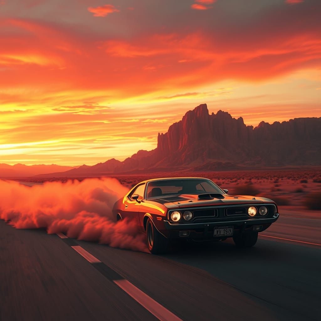 Muscle Car Races Through Desert Sunset