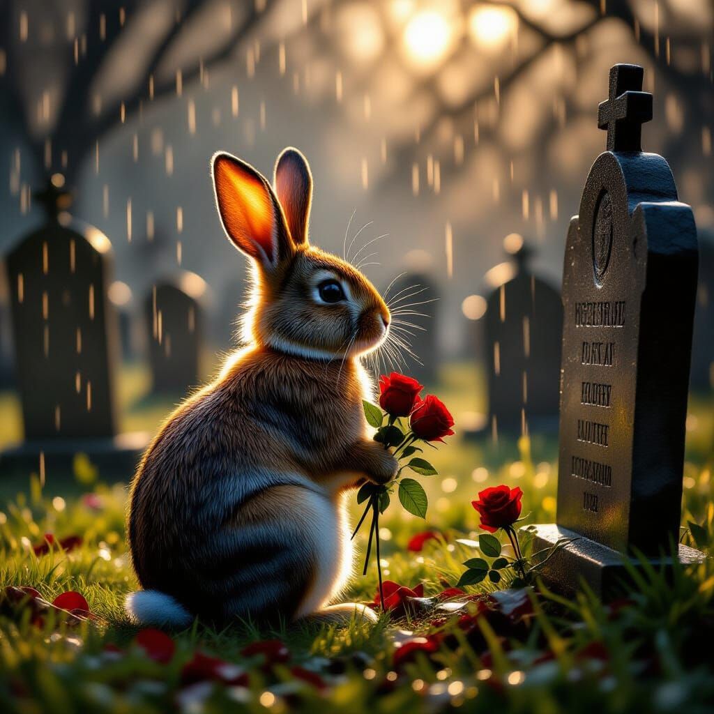 Realistic Rabbit in Rainy Graveyard with Roses