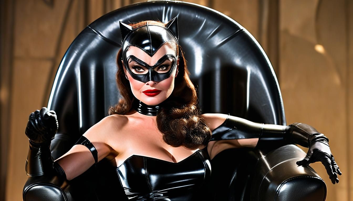 Catwoman Cosplay Portrait with Cape on Throne