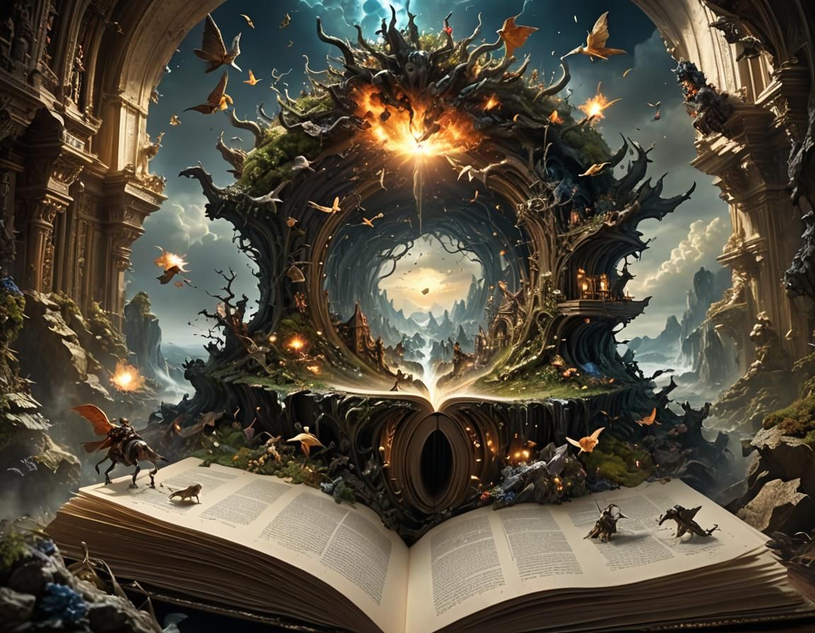 Fantasy World Exploding from Book, Digital Illustration