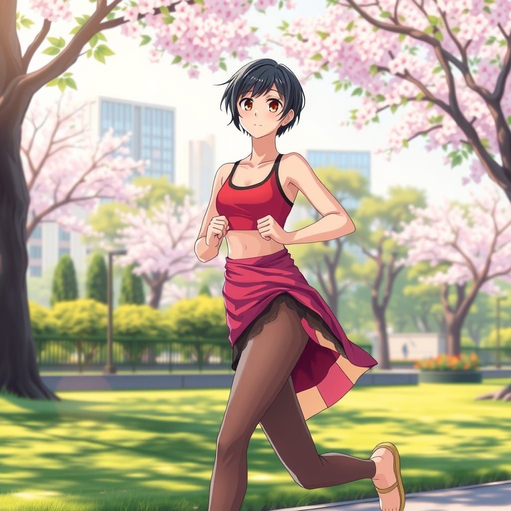 Cute Anime Woman Running in the Park
