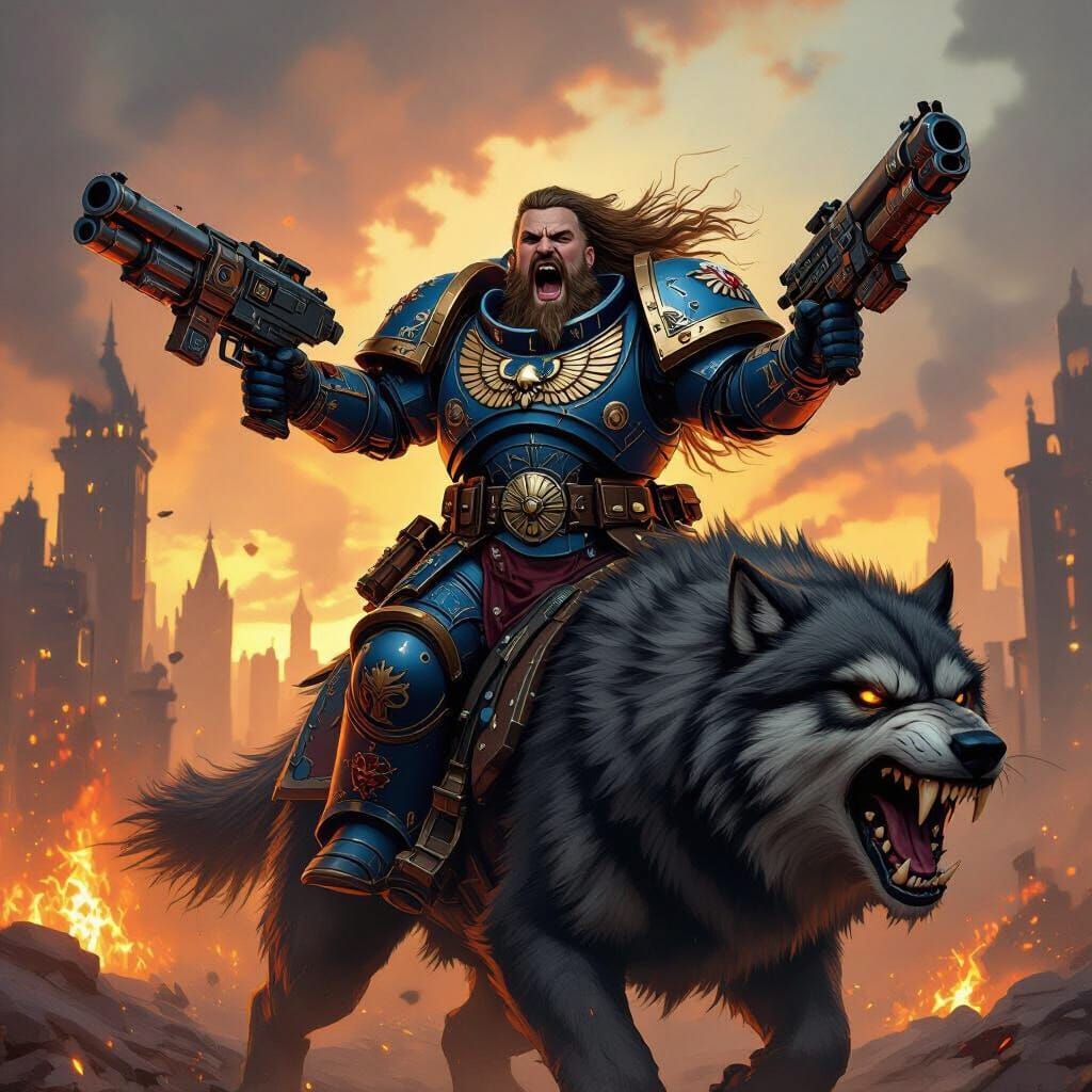 Viking Space Marine Screams in Fiery Steampunk City