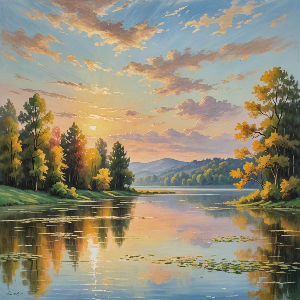 Impressionist Lake Landscape Oil Painting at Golden Hour