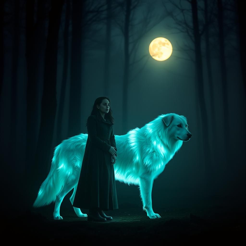 Woman and Bioluminescent Dog in Misty Forest