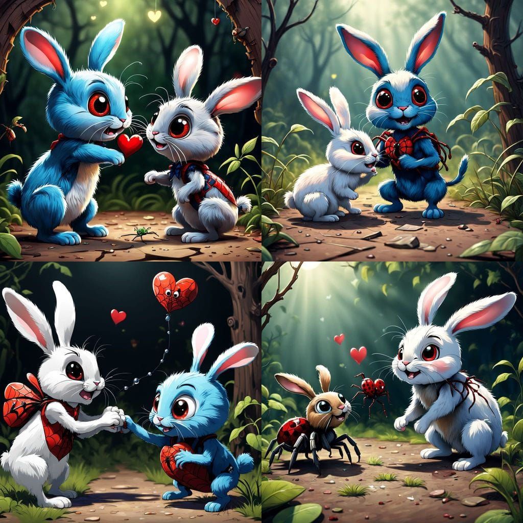 Cartoon Rabbit and Spider Falling in Love