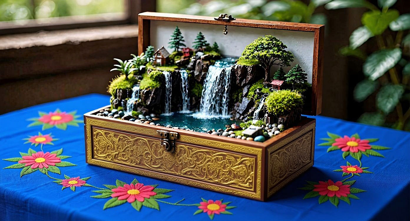 Miniature Waterfall Landscape Inside Jewelry Box
