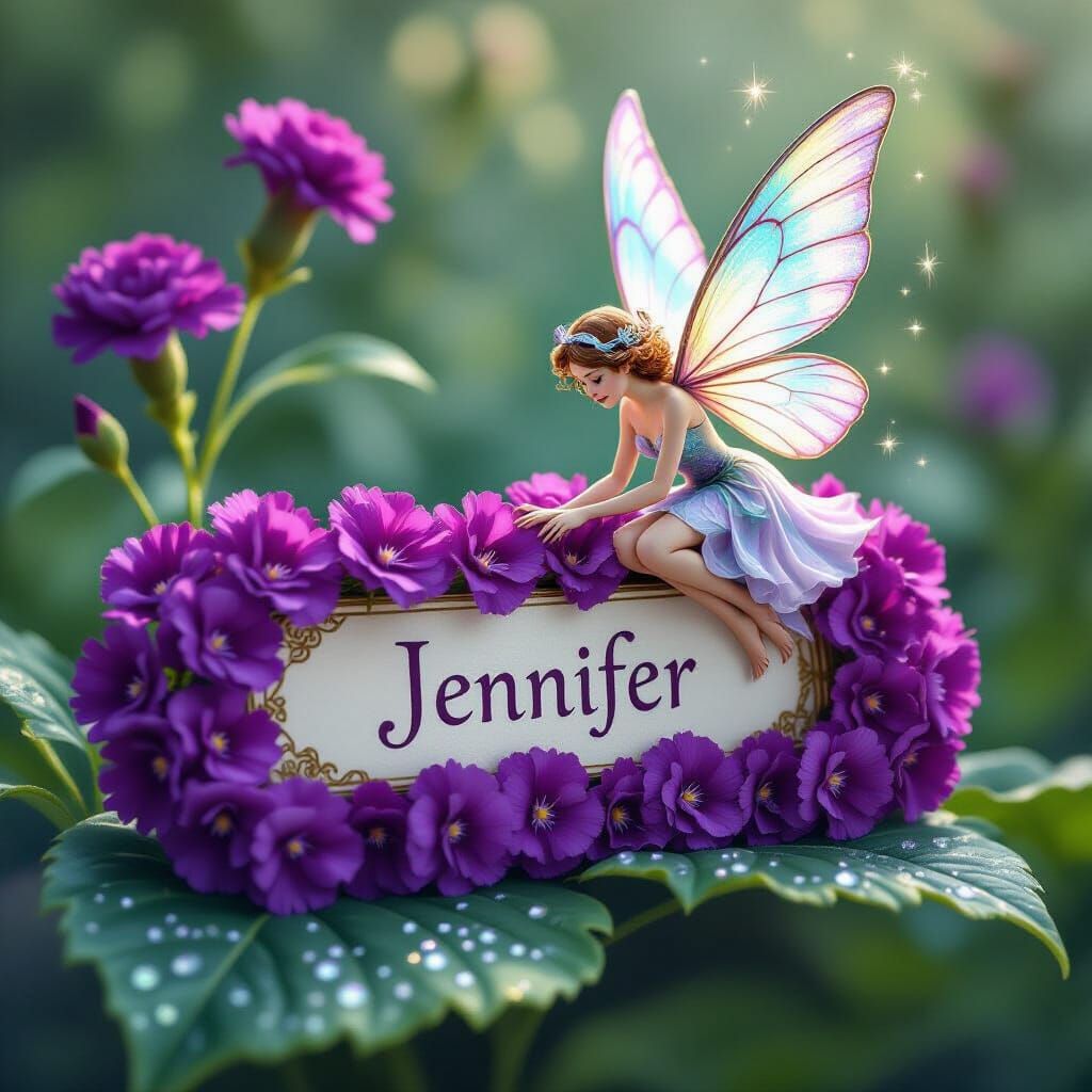 Purple Carnation Nameplate "Jennifer" with Ethereal Fairy