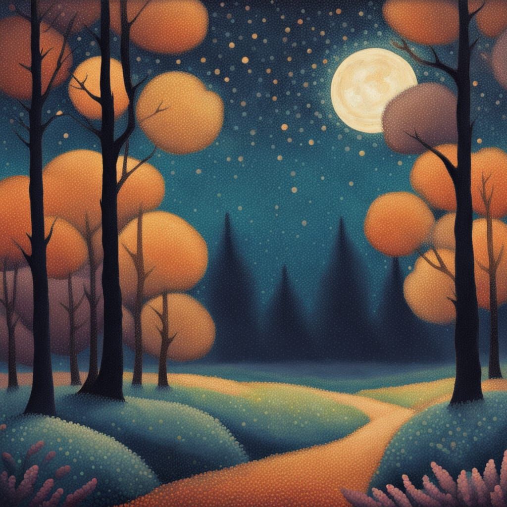 Moonlit Forest Landscape in Pointillist Style