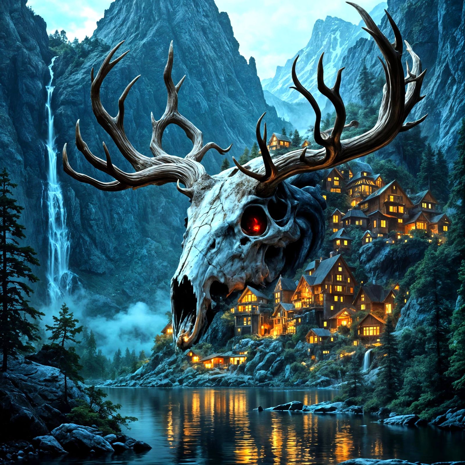 Giant Fossilized Elk Skull Mountain Range Village