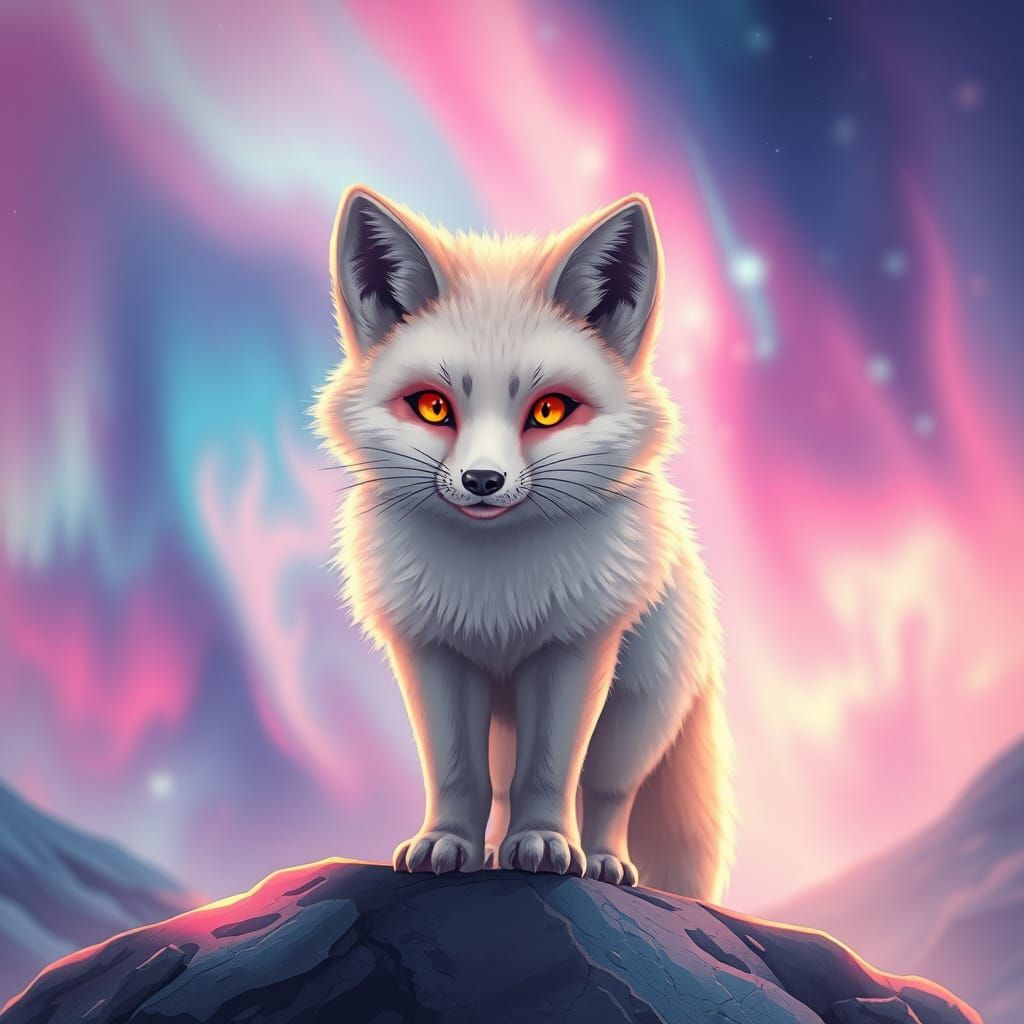 Vibrant Anime Arctic Fox Under Kaleidoscopic Aurora