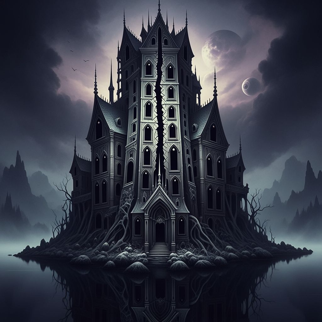 Gothic Mansion with Fissure in Surreal Biomechanical Style
