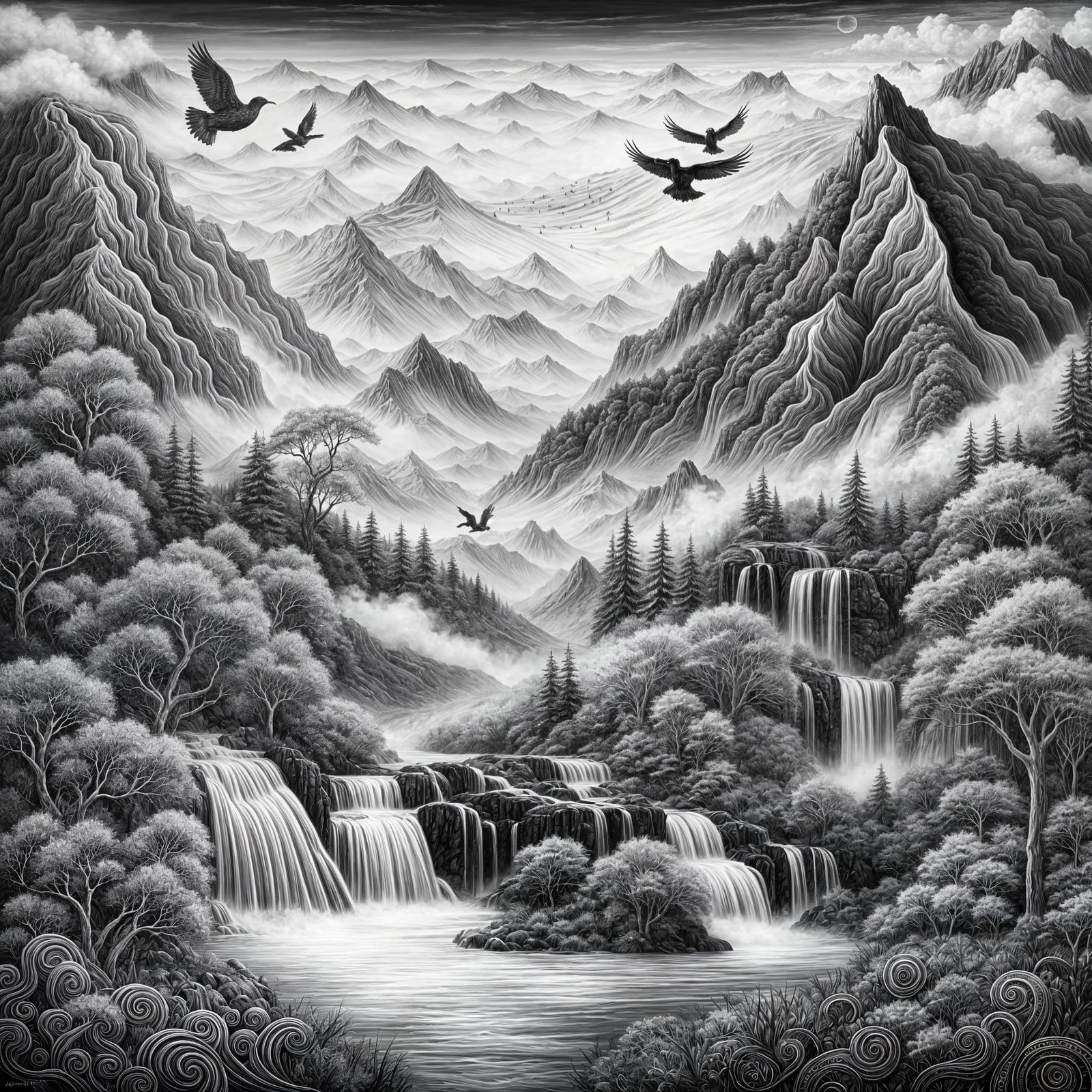 Doodle Art: Black and White Fantasy Landscape