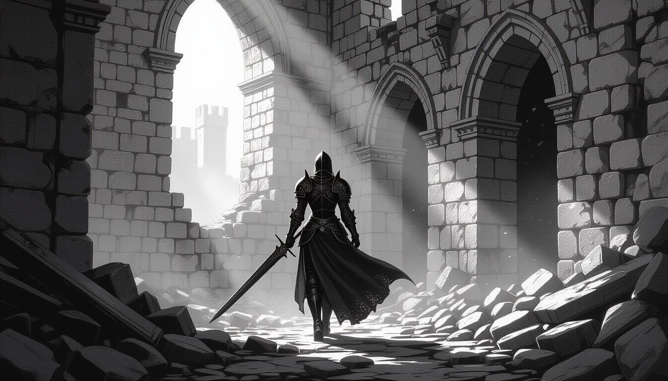 Exiled Knight in Castle Ruins - Charcoal Drawing Style