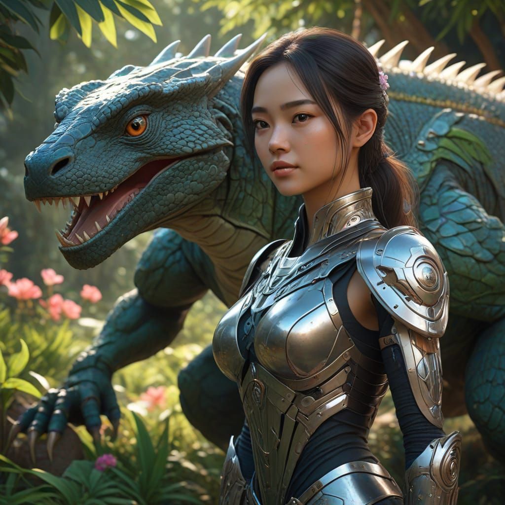 Asian Woman, Robot, and Komodo Dragon in Lush Garden