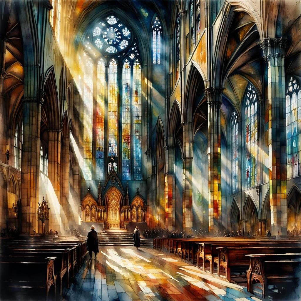 Breathtaking Cathedral Interior in Watercolor Style
