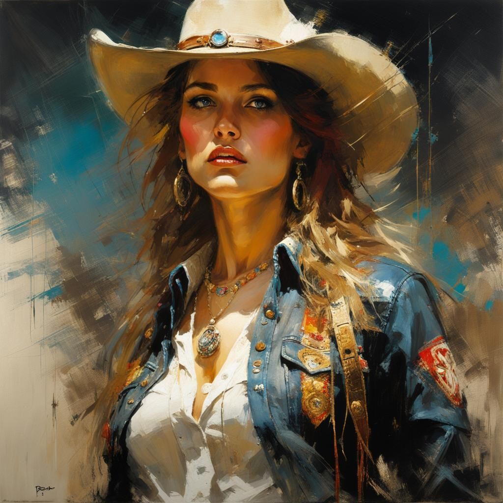 Beautiful Cowgirl Matte Painting in Oil on Canvas