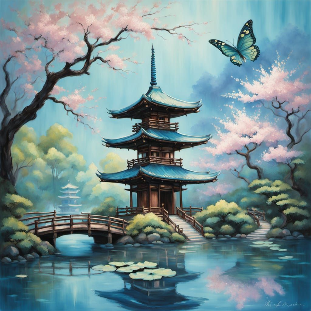 Pagoda with Kappa Amidst Cherry Blossoms in Yamato-e Style