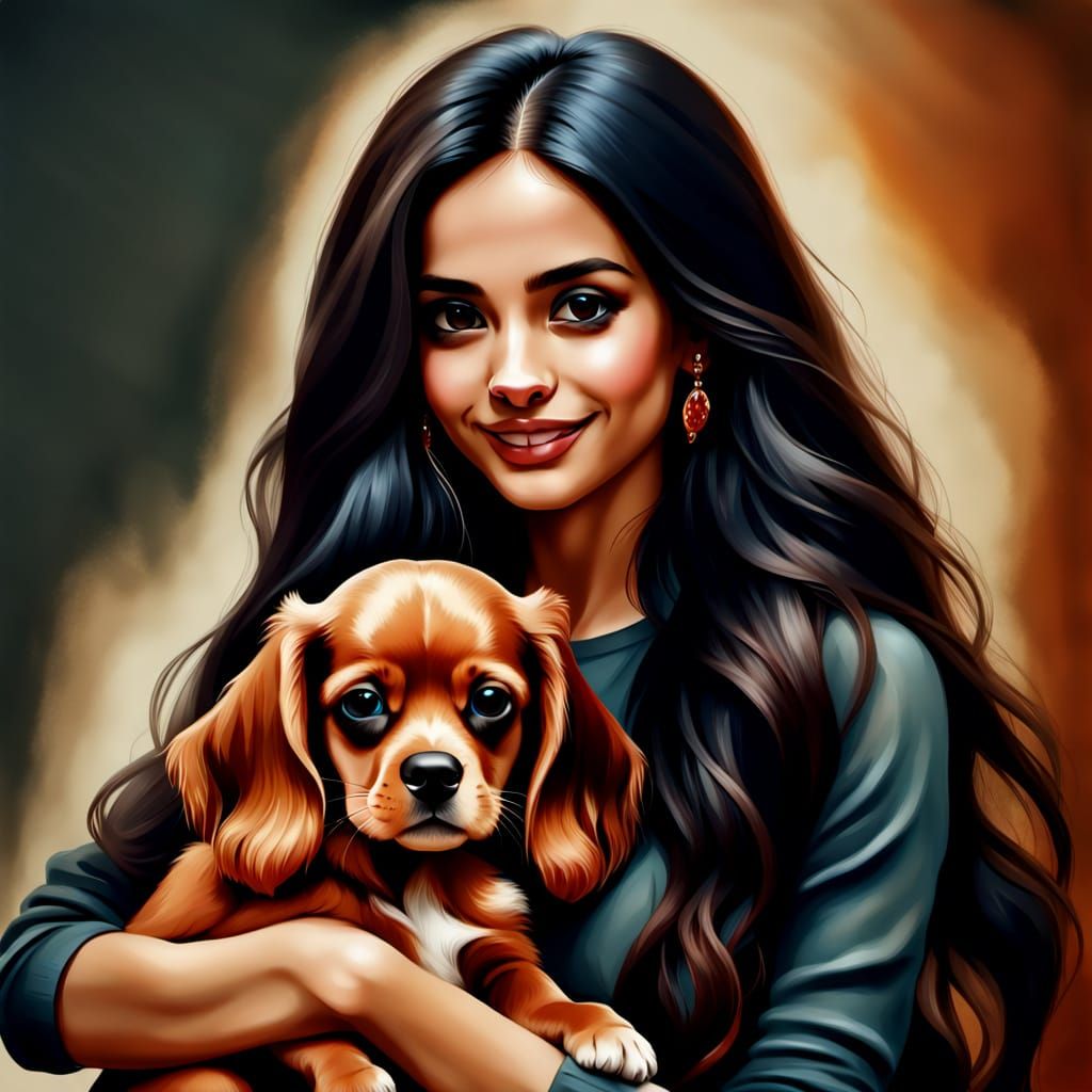 Smiling Argentine Woman Cuddles Happy Red Cocker Spaniel Pup...